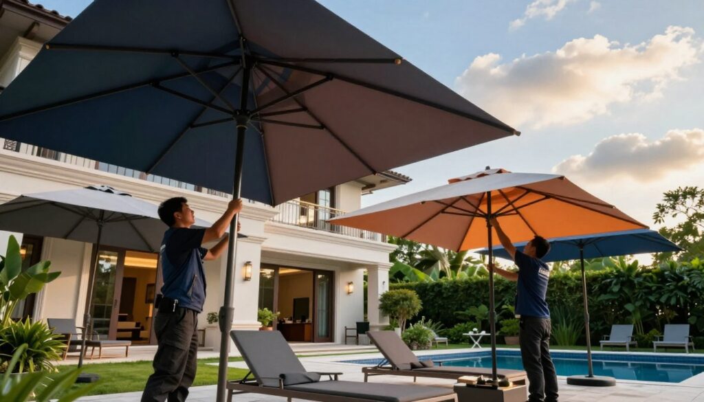 A skilled professional team installing structural tensioned umbrellas in a luxurious villa setting, showcasing modern, sleek designs. In the foreground, focus on two workers in professional attire diligently securing the umbrellas, which feature vibrant colors and contemporary patterns. The middle ground displays the elegant villa with lush greenery and a swimming pool, enhancing the aesthetic. In the background, a bright blue sky with soft, fluffy clouds adds depth and a serene atmosphere. The lighting is warm and inviting, accentuating the sleek materials of the umbrellas. Use a dynamic angle to capture both the team’s expertise and the sophisticated design elements, conveying a mood of professionalism and innovation in outdoor shading solutions. A skilled professional team installing structural tensioned umbrellas in a luxurious villa setting, showcasing modern, sleek designs. In the foreground, focus on two workers in professional attire diligently securing the umbrellas, which feature vibrant colors and contemporary patterns. The middle ground displays the elegant villa with lush greenery and a swimming pool, enhancing the aesthetic. In the background, a bright blue sky with soft, fluffy clouds adds depth and a serene atmosphere. The lighting is warm and inviting, accentuating the sleek materials of the umbrellas. Use a dynamic angle to capture both the team’s expertise and the sophisticated design elements, conveying a mood of professionalism and innovation in outdoor shading solutions.