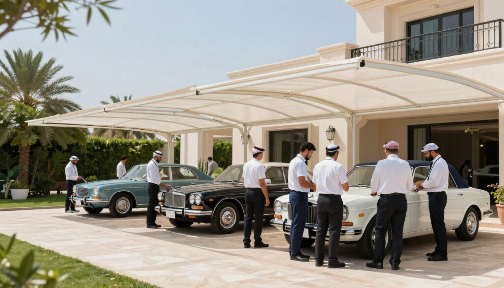 A skilled professional team is installing elegant custom car shades and outdoor canopies in a luxurious villa setting in Dhahran, Saudi Arabia. In the foreground, focus on a diverse group of technicians in professional business attire working together, showcasing their expertise and precision. In the middle ground, display intricately designed, semi-transparent canopies arching gracefully over vintage cars parked in the villa's driveway. The background features lush greenery and a pristine blue sky, accentuating the tranquil atmosphere. The lighting is bright yet soft, capturing a sunny day with shadows that create depth. The overall mood is one of professionalism and serenity, reflecting the high-quality design and execution of structural shade solutions. A skilled professional team is installing elegant custom car shades and outdoor canopies in a luxurious villa setting in Dhahran, Saudi Arabia. In the foreground, focus on a diverse group of technicians in professional business attire working together, showcasing their expertise and precision. In the middle ground, display intricately designed, semi-transparent canopies arching gracefully over vintage cars parked in the villa's driveway. The background features lush greenery and a pristine blue sky, accentuating the tranquil atmosphere. The lighting is bright yet soft, capturing a sunny day with shadows that create depth. The overall mood is one of professionalism and serenity, reflecting the high-quality design and execution of structural shade solutions.