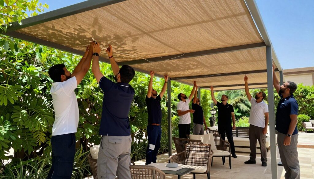 A skilled team of professionals dressed in smart polo shirts and work trousers is focused on maintaining outdoor shades in a serene garden setting. The foreground features a detailed view of the workers tightening and inspecting an elegant, custom-designed canopy as sunlight filters through the fabric, casting soft shadows. In the middle, lush green foliage and neatly arranged patio furniture create an inviting atmosphere, symbolizing a well-kept outdoor space. The background showcases a clear blue sky, enhancing the brightness of the scene and highlighting the importance of shade maintenance in Saudi villas. The mood is one of professionalism and dedication, with natural lighting emphasizing the vibrant colors of the environment, captured from a slightly low angle to showcase the teamwork involved in maintaining these outdoor spaces. A skilled team of professionals dressed in smart polo shirts and work trousers is focused on maintaining outdoor shades in a serene garden setting. The foreground features a detailed view of the workers tightening and inspecting an elegant, custom-designed canopy as sunlight filters through the fabric, casting soft shadows. In the middle, lush green foliage and neatly arranged patio furniture create an inviting atmosphere, symbolizing a well-kept outdoor space. The background showcases a clear blue sky, enhancing the brightness of the scene and highlighting the importance of shade maintenance in Saudi villas. The mood is one of professionalism and dedication, with natural lighting emphasizing the vibrant colors of the environment, captured from a slightly low angle to showcase the teamwork involved in maintaining these outdoor spaces.
