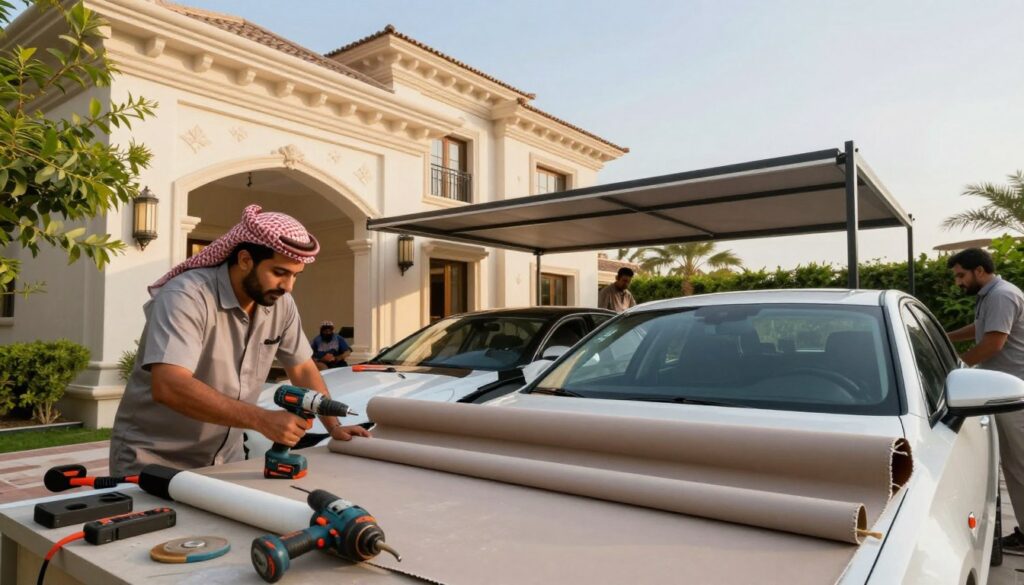 A skilled team of professionals in modest work attire is actively installing custom car shades and outdoor canopies in a sunny residential villa setting in Saudi Arabia. In the foreground, a detailed view of the installation process showcases various tools and equipment used, such as drills and fabric rolls, emphasizing precision and craftsmanship. The middle ground features partially assembled car shades, displaying their elegant design, while a luxurious villa serves as the backdrop, framed by vibrant greenery and a clear blue sky. Soft, natural lighting bathes the scene, creating a warm and inviting atmosphere, while the low-angle view captures both the professionalism of the team and the scale of the project.