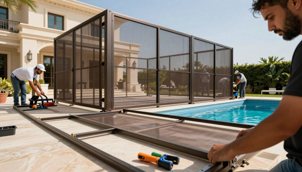 A skilled team of professionals is meticulously installing custom metal screens for pool protection in a sunlit outdoor setting. In the foreground, close-up details show the installation process, with tools and metal frames highlighted. The middle layer presents a partially installed structure, showcasing the intricate design of the metal screens, reflecting safety and elegance. The background features a luxurious villa in Dammam, surrounded by greenery and a clear blue sky, enhancing the mood of sophistication and summer leisure. The lighting is bright and natural, casting soft shadows that emphasize the textures of the screens and the serene environment. The angle captures both the craftsmanship and the beautiful setting, creating an atmosphere of professionalism and quality.