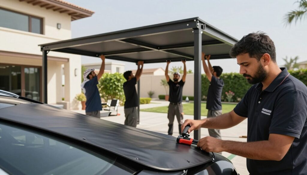 A skilled team of technicians in professional attire meticulously installing custom car shades and outdoor canopies outside a modern villa in Saudi Arabia. The foreground features close-up details of the team's tools and the high-quality materials being used, emphasized by soft, natural lighting that highlights texture and craftsmanship. In the middle ground, workers coordinate as they carefully lift and attach a large, elegantly designed car shade to a sturdy frame, demonstrating their technical expertise. The background includes a sunny villa with lush greenery and a clear blue sky, creating a warm and inviting atmosphere. The overall mood is one of professionalism and dedication to quality service in the field of artful steel fabrication.