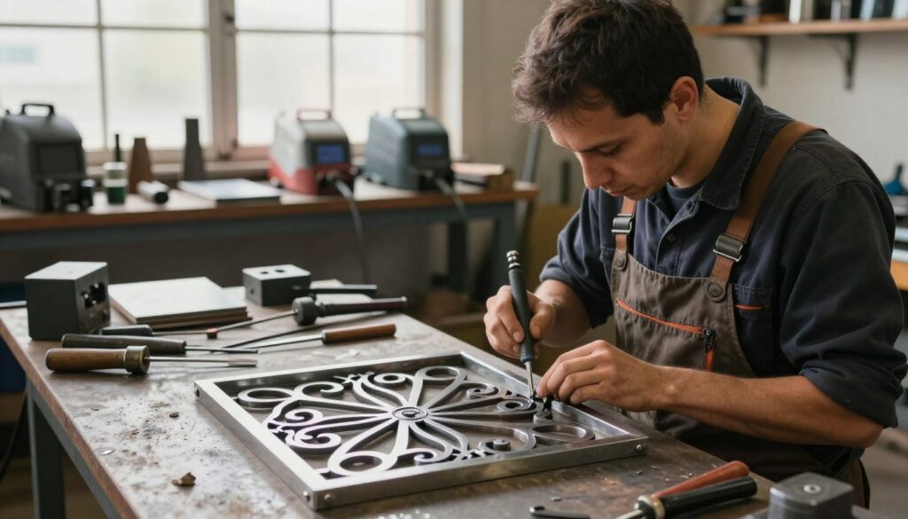 A skilled technician engaged in artistic metalworking, showcasing intricate designs of a metal frame in the foreground. The middle ground features various tools such as welders, chisels, and metal sheets, capturing the essence of craftsmanship. In the background, a workshop filled with natural light streams through large windows, highlighting the metallic sheen of the materials. The atmosphere is industrious yet creatively inspiring, with a warm color palette that emphasizes the process of creation and the beauty of the craft. The technician is dressed in professional work attire, focused on their task, conveying a sense of dedication and expertise in their craft. The image captures a moment of innovation in the art of metalworking.
