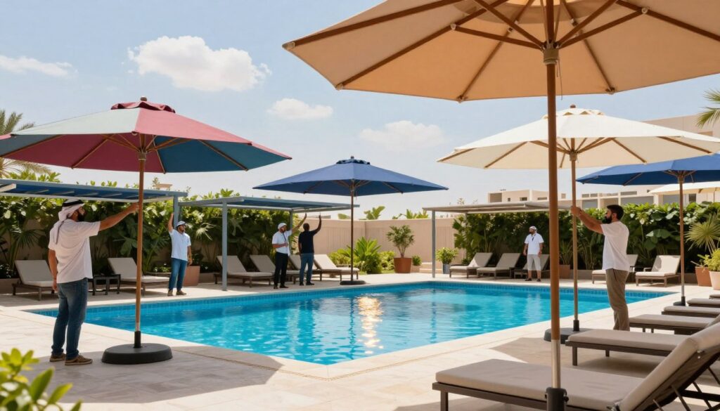A team of professional workers in modest casual attire is installing elegant pool canopies by a bright outdoor swimming pool in Dammam, Saudi Arabia. In the foreground, showcase a variety of stylish umbrella shades in vibrant colors and modern designs, providing protection against the sun's rays. In the middle ground, feature the pool with crystal-clear water reflecting the sun, surrounded by landscaped greenery and comfortable loungers. The background should include a blue sky with a few fluffy clouds, highlighting a warm, inviting atmosphere. The lighting is bright and natural, capturing the essence of a sunny day. The scene conveys professionalism and relaxation, ideal for illustrating different types of pool shades available.