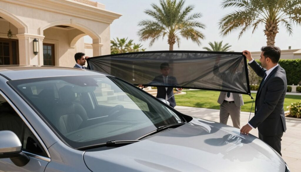 A team of professionals in business attire is installing custom, wind-resistant car shades in a luxurious villa setting in Jubail, Saudi Arabia. In the foreground, the sleek, modern car shades are partially deployed, showcasing their robust design and functionality. The middle ground features the expert installation process, with team members carefully measuring and positioning the shades to ensure stability against the wind. The background includes a beautifully landscaped garden with palm trees and a bright blue sky, enhancing the serene atmosphere. Soft, natural lighting casts gentle shadows, emphasizing the quality and craftsmanship of the shades. The overall mood conveys professionalism and competence in a high-end outdoor environment.