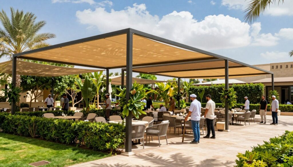 A vibrant and detailed depiction of beautifully designed garden canopies in Dammam, Saudi Arabia, focusing on their functionality against the local climate. In the foreground, showcase a professional crew clad in modest casual clothing, expertly installing custom outdoor canopies providing shade to elegant outdoor seating areas. The middle ground features lush greenery and well-maintained gardens, highlighting the interplay of light filtering through the canopies, casting playful shadows on the ground. In the background, a bright blue sky with scattered clouds suggests a warm, sunny day. Use natural lighting to enhance the scene, capturing a relaxed and inviting atmosphere ideal for outdoor gatherings. A wide-angle view emphasizes the scope of the installation while showcasing the beauty of the surroundings.