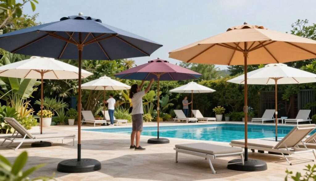 A vibrant and informative scene showcasing various types of pool umbrellas in an outdoor setting. In the foreground, display a collection of elegantly designed umbrellas in different colors and shapes, such as cantilever, pop-up, and retractable styles. In the middle ground, a professional team is seen installing these custom umbrellas around a beautifully designed pool, wearing modest casual clothing. The background features lush greenery and a clear blue sky, emphasizing a serene and inviting atmosphere. The lighting is bright and natural, capturing the warmth of a sunny day, with soft shadows to enhance depth. The image should convey a sense of professionalism and safety, showcasing the expertise in creating shaded outdoor spaces for resorts or villas.