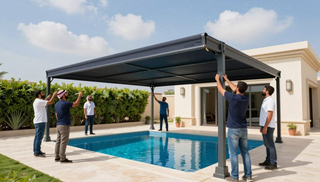 A vibrant image showcasing a professional team in smart casual attire installing custom pool canopies in a beautifully landscaped villa in Al Jubail, Saudi Arabia. In the foreground, focus on the skilled workers fastening the durable fabric of the pool shade, showcasing attention to detail. The middle ground features the elegantly designed pool area surrounded by lush greenery and modern architecture. In the background, a clear blue sky with soft, fluffy clouds enhances the serene atmosphere. Natural sunlight illuminates the scene, casting soft shadows that create depth. The image should convey a sense of professionalism, safety, and the competitive pricing of high-quality outdoor shades. Avoid any text or branding.