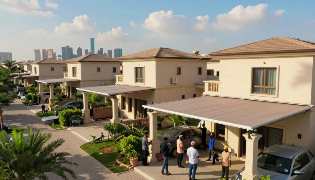 A vibrant scene depicting the Eastern Province of Saudi Arabia, focusing on a picturesque residential area in Al Khobar. In the foreground, a professional team of workers is diligently installing custom outdoor canopies and car shades, showcasing their craftsmanship. The workers are dressed in modest professional clothing, reflecting a commitment to quality. The middle ground features elegant villas with lush gardens, partially shaded by the newly installed canopies, enhancing the aesthetic appeal of the surroundings. In the background, the iconic skyline of Al Khobar is visible under a bright blue sky with soft, fluffy clouds. The mood is inviting and serene, emphasizing the importance of outdoor comfort in residential spaces. Soft, natural lighting creates warm shadows, enhancing the details of the installations. The perspective is slightly elevated, offering a comprehensive view of the area without text or unwanted distractions.
