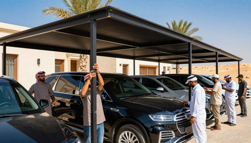 A vibrant scene showcasing a professional team of engineers and craftsmen installing custom car shades and outdoor canopies for villas in Al-Ahsa, Saudi Arabia. In the foreground, skilled workers in modest, professional attire are carefully assembling and securing the structural components of the canopies. The middle ground features elegantly designed car shades providing shade to luxury vehicles, reflecting a blend of modern architecture and traditional aesthetics. The background reveals the warm desert landscape typical of Al-Ahsa, with palm trees and sandy tones under a bright blue sky. The lighting is bright and sunny, emphasizing the durability and design of the materials. An atmosphere of collaboration and precision fills the scene, capturing the essence of technical artistry in engineering.