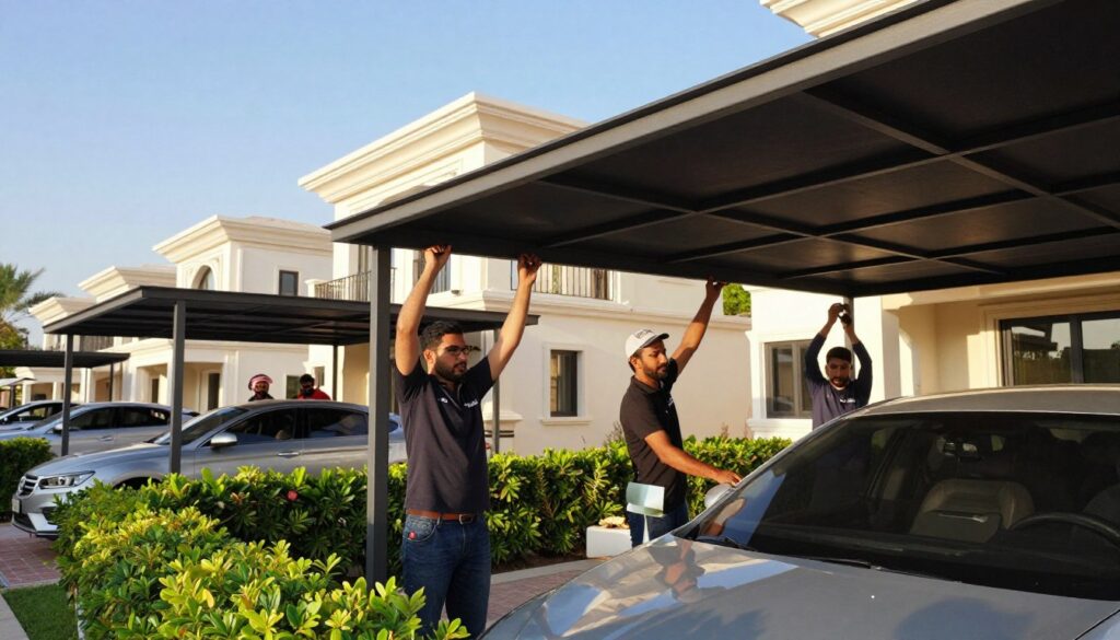 A vibrant scene showcasing a skilled professional team installing stylish car shades and outdoor canopies for luxurious villas in Jubail, Saudi Arabia. In the foreground, the workers are depicted in professional attire, meticulously positioning the durable fabric shades. The middle ground features various elegant villas surrounded by lush greenery, highlighting the custom nature of the installations. In the background, a clear blue sky enhances the atmosphere of a sunny day, casting soft shadows that emphasize the structure of the canopies. The composition uses natural lighting to create a warm and inviting mood, with a focus on the craftsmanship and quality of the car shades. The image should evoke professionalism and dedication to providing high-quality shade solutions.