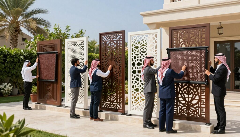 A vibrant scene showcasing various types of privacy screens, including laser-cut designs, strategically placed around a tranquil villa setting in Saudi Arabia. In the foreground, a professional team dressed in smart business attire is installing custom car shades, carefully aligning the intricate patterns. In the middle, diverse styles of privacy screens feature striking geometric designs, showcasing both functionality and aesthetic appeal, blending seamlessly with lush greenery. The background reveals a sunny day with clear blue skies, casting soft, natural light that highlights the textures of the materials. The overall mood is one of professionalism and elegance, emphasizing the quality and variety of available shades in a serene outdoor environment.