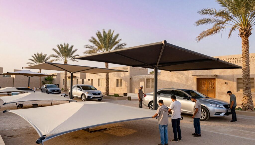 A vivid and detailed scene showcasing structural canopies in Al Ahsa, Saudi Arabia. In the foreground, a professional team in modest, casual workwear efficiently installs custom car shades and stylish outdoor canopies, demonstrating skilled craftsmanship. In the middle ground, various types of canopies are elegantly spread out, showcasing their design and functionality, while the team collaborates, highlighting teamwork. The background features traditional Arabian architecture with palm trees swaying gently in the breeze, emblematic of the region. Soft, warm sunlight filters through, creating a serene and productive atmosphere. Capture the scene from a slightly elevated angle, emphasizing the canopies against the vibrant sky, focusing on the textures and colors of both the structures and the environment, creating an inspiring visual of successful case studies in architectural engineering.