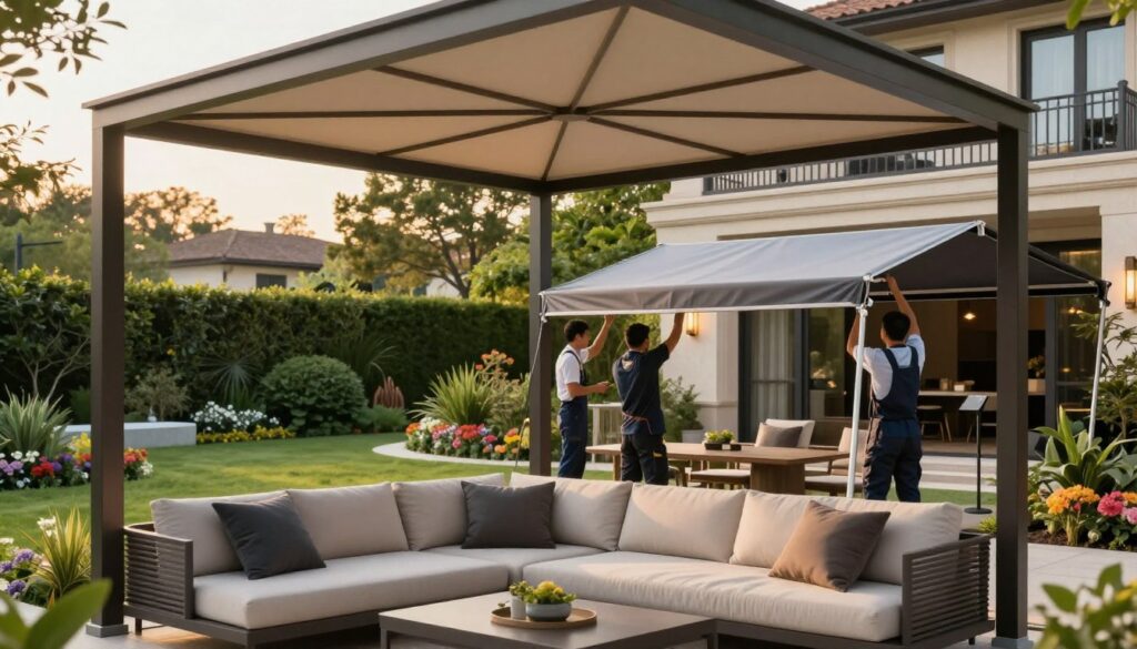 Modern garden shade designs showcasing elegant canopies in a luxurious outdoor setting. In the foreground, a stylish, contemporary outdoor seating area with plush cushions under a sleek, geometric shade structure. In the middle, skilled workers in professional attire are installing custom car shades and canopies, highlighting craftsmanship and precision. The background features a beautifully landscaped garden with lush greenery, colorful flowers, and a serene villa, creating an inviting atmosphere. Soft, warm lighting enhances the scene, with gentle sunlight filtering through the shade. The overall mood is sophisticated yet relaxed, illustrating the perfect blend of modern design and functionality in outdoor living spaces.