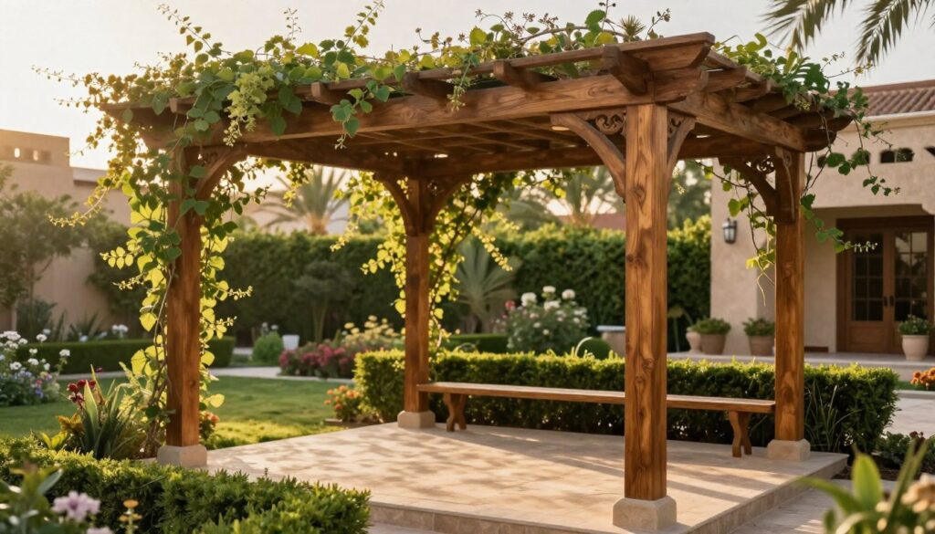 A beautiful scene featuring a natural wooden pergola installed in a lush garden setting of a villa in Saudi Arabia. In the foreground, the pergola is constructed with rich, warm-toned wood, showcasing intricate craftsmanship and attention to detail. Delicate vines and flowering plants entwine around the structure, adding a touch of greenery. In the middle ground, soft, warm sunlight filters through the leaves, creating dappled patterns on the ground. The background features manicured hedges and colorful flowers that complement the natural surroundings. The atmosphere is serene and inviting, evoking a sense of comfort and relaxation. This idyllic setting is captured from a slightly elevated angle, allowing a panoramic view that emphasizes the elegance of the pergola amidst the garden. The soft, golden hour lighting enhances the warmth and beauty of the scene.