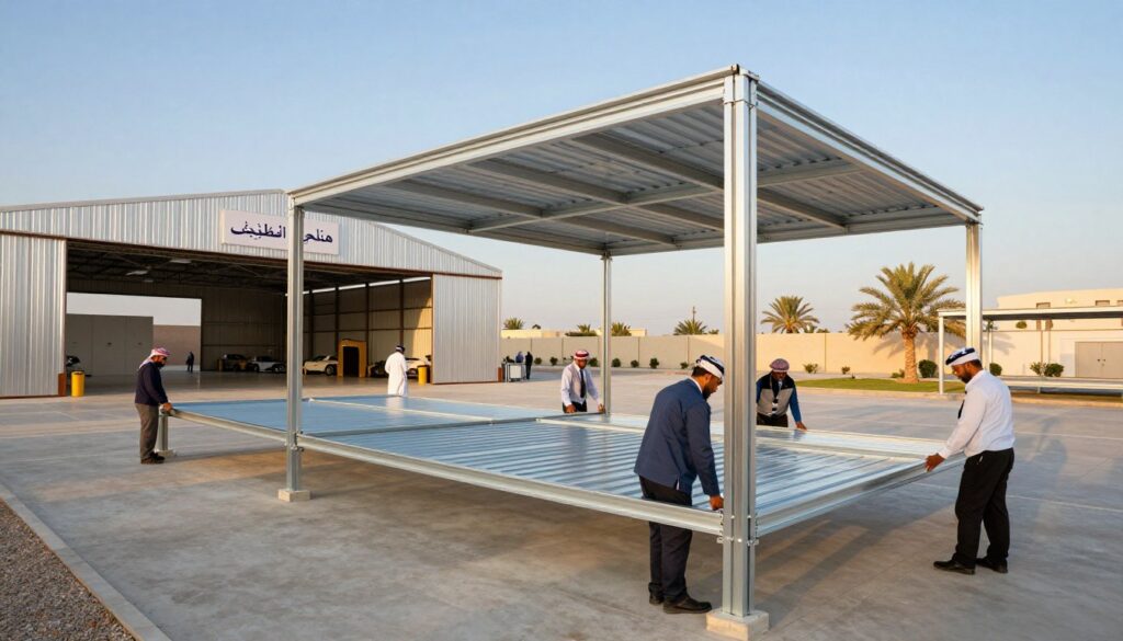 A beautiful scene of "هناجر القطيف" featuring a professional team diligently installing custom metal structures. In the foreground, workers in professional business attire are carefully assembling metal canopies, showcasing teamwork and craftsmanship. The middle ground highlights the modern, sleek design of the hangars, with intricate details and a shiny metallic finish. In the background, the picturesque landscape of القطيف is visible, with palm trees and a clear blue sky adding to the charm. The lighting is warm and inviting, capturing the essence of a sunny day in Saudi Arabia. The angle is slightly elevated, providing a comprehensive view of the project and emphasizing the elegance of the architecture. The atmosphere is one of dedication and professionalism, reflecting the importance of choosing quality installations.