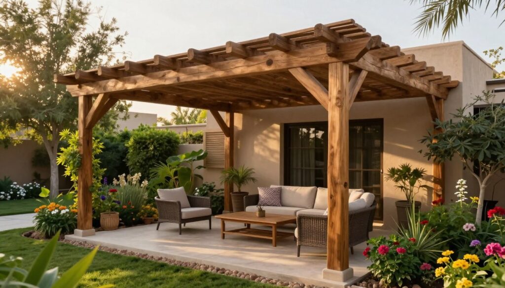 A beautiful wooden pergola elegantly crafted from natural wood, set in a serene garden space typical of Saudi villas. In the foreground, detailed wooden beams intertwine, showcasing the precision of professional installation. Lush green plants and colorful flowers surround the pergola, adding warmth and vibrancy to the scene. The middle ground features a cozy seating area beneath the pergola, with tasteful outdoor furniture that invites relaxation. In the background, the soft glow of late afternoon sunlight filters through the trees, creating a tranquil atmosphere. Capture this inviting space from a slightly elevated angle to reveal the harmony of nature and architecture. Soft shadows cast by the pergola enhance the inviting mood, emphasizing its role as a beautiful shade structure.