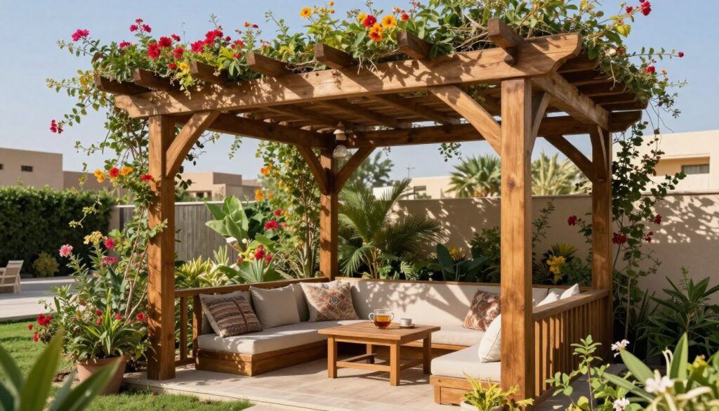 A beautifully crafted wooden pergola in a lush garden setting, framed by vibrant flowering plants and greenery. The foreground features intricate details of the pergola’s wooden beams, showcasing craftsmanship, with dappled sunlight filtering through the leaves above. In the middle ground, the pergola provides a shaded area with comfortable seating, perhaps with a small wooden table adorned with a cup of tea and decorative cushions. The background reveals a serene landscape typical of a Riyadh neighborhood, with soft shadows and a clear blue sky creating a warm, inviting atmosphere. The scene captures a tranquil moment, emphasizing the natural beauty and functionality of wooden pergolas in enhancing outdoor living spaces. Soft, natural lighting enhances the inviting mood, ideal for showcasing these structures.