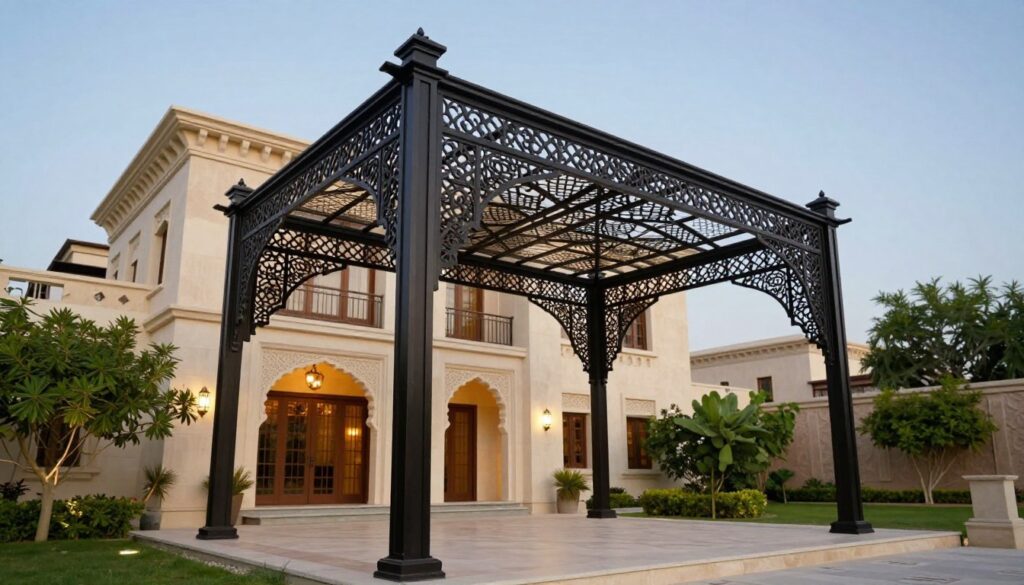 A beautifully designed custom iron shade structure elegantly installed in a luxurious Saudi villa's outdoor space. In the foreground, showcase the intricate patterns and craftsmanship of the ironwork, highlighting the unique details and finishes. The middle ground features the villa adorned with lush greenery and typical Arabian architectural elements, bringing a sense of elegance. In the background, a clear blue sky complements the scene, enhancing the atmospheric feel. Soft, warm lighting creates a welcoming ambiance, reminiscent of a serene afternoon. The angle should capture the shade structure from a low perspective, emphasizing its impressive height and artistry, conveying professionalism and quality in installation.