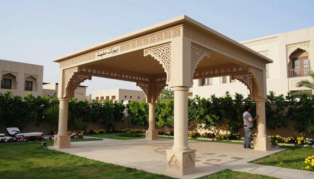 A beautifully designed custom shade structure, or "برجولات مخصصة", prominently featured in a luxurious Saudi villa garden. In the foreground, the elegant shade structure showcases intricate, traditional patterns, made of durable, high-quality materials. The middle ground includes lush green landscaping, beautiful flowers, and a well-manicured lawn, inviting relaxation. In the background, traditional Saudi architecture complements the scene, under a clear blue sky with soft, natural sunlight illuminating the space. The atmosphere is calm and inviting, perfect for outdoor gatherings. The angle captures the structure’s grandeur while emphasizing its integration with nature. A professional installer, dressed in modest work attire, is carefully adjusting the structure, highlighting craftsmanship and expertise in installation.
