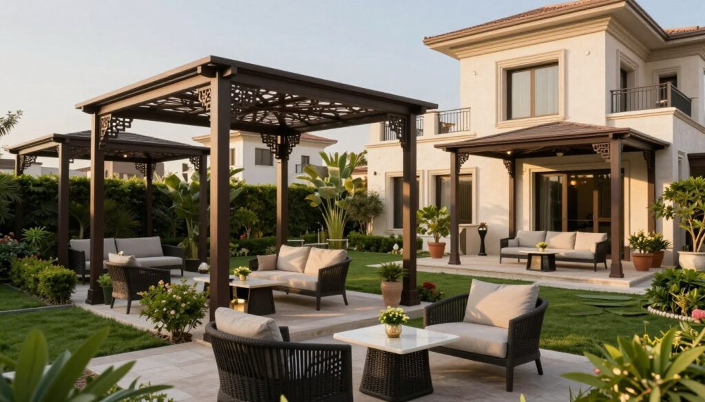 A beautifully designed garden featuring elegant shade structures installed over luxurious outdoor seating areas for Saudi villas. In the foreground, showcase inviting lounge chairs and a stylish table beneath intricate, custom-designed shade canopies. In the middle ground, highlight the perfectly manicured greenery, with potted plants and decorative elements enhancing the space's charm. In the background, a modern villa with light-colored architecture complements the serene ambiance of the garden. The lighting is soft and warm, suggesting a late afternoon sun casting gentle shadows. Capture a tranquil and upscale atmosphere, emphasizing the professionalism and quality of the shade structure installation while creating a relaxing outdoor space. No text or branding present in the image.