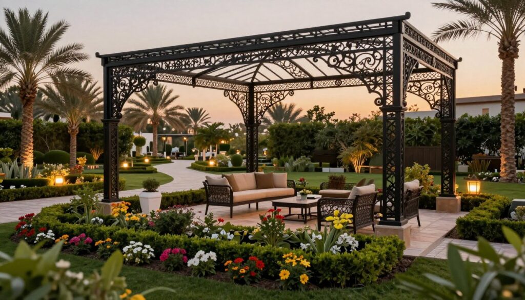 A beautifully designed garden featuring intricately wrought-iron shade structures, showcasing an elegant blend of durability and sophisticated style. In the foreground, focus on a large, ornate wrought-iron canopy draping over a carefully manicured garden area, adorned with vibrant flowers and green shrubs. The middle layer should highlight a spacious outdoor seating arrangement, complete with tasteful furniture underneath the shade. In the background, a serene view of a tranquil garden path lined with palm trees and garden lights, creating a peaceful atmosphere at sunset. Use soft, warm lighting to enhance the inviting mood, capturing the essence of luxury garden living in the Eastern Province of Saudi Arabia, emphasizing the quality and artistry of the ironwork. A beautifully designed garden featuring intricately wrought-iron shade structures, showcasing an elegant blend of durability and sophisticated style. In the foreground, focus on a large, ornate wrought-iron canopy draping over a carefully manicured garden area, adorned with vibrant flowers and green shrubs. The middle layer should highlight a spacious outdoor seating arrangement, complete with tasteful furniture underneath the shade. In the background, a serene view of a tranquil garden path lined with palm trees and garden lights, creating a peaceful atmosphere at sunset. Use soft, warm lighting to enhance the inviting mood, capturing the essence of luxury garden living in the Eastern Province of Saudi Arabia, emphasizing the quality and artistry of the ironwork.