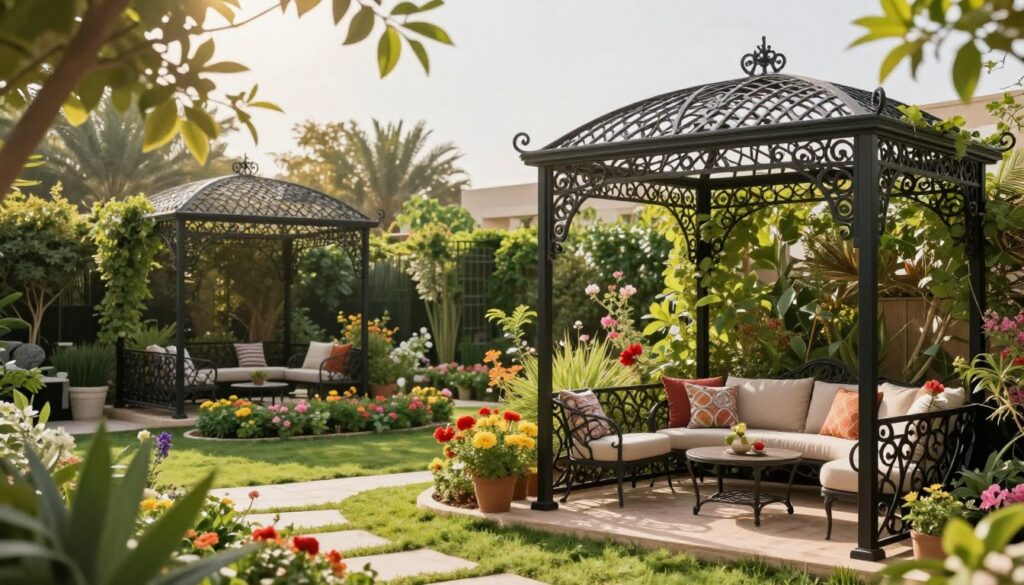 A beautifully designed garden featuring wrought iron shade structures, elegantly intertwined with lush greenery and vibrant flowers. In the foreground, showcase ornate iron canopies providing shade over a cozy seating area, adorned with comfortable chairs and colorful cushions. The middle ground highlights various flowering plants and neatly arranged garden paths, leading to the iron structures, enhancing the atmosphere of tranquility. In the background, soft sunlight filters through the leaves, creating a warm and inviting ambiance. Capture this scene from a slightly elevated angle to emphasize the layout and integration of the iron designs with the natural elements. Aim for a serene and sophisticated mood, showcasing the durability and aesthetic charm of custom shade structures suitable for Saudi villas. A beautifully designed garden featuring wrought iron shade structures, elegantly intertwined with lush greenery and vibrant flowers. In the foreground, showcase ornate iron canopies providing shade over a cozy seating area, adorned with comfortable chairs and colorful cushions. The middle ground highlights various flowering plants and neatly arranged garden paths, leading to the iron structures, enhancing the atmosphere of tranquility. In the background, soft sunlight filters through the leaves, creating a warm and inviting ambiance. Capture this scene from a slightly elevated angle to emphasize the layout and integration of the iron designs with the natural elements. Aim for a serene and sophisticated mood, showcasing the durability and aesthetic charm of custom shade structures suitable for Saudi villas.