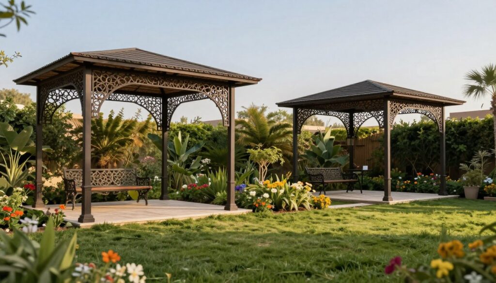 A beautifully designed garden with intricately wrought iron shade structures that provide both elegance and durability. In the foreground, showcase detailed patterns of the ironwork, highlighting the craftsmanship and artistry. The middle ground features lush green grass and vibrant flower beds, enhancing the aesthetic appeal of the iron canopies. The background includes a clear blue sky, with gentle sunlight casting soft shadows on the ground, creating a warm and inviting atmosphere. The scene captures a tranquil moment, ideal for relaxation in a garden. Use a slightly elevated angle to emphasize the shades and their interaction with the surrounding flora. Ensure the lighting is natural and soft, perfect for a serene garden setting. The overall mood should convey sophistication and the quality of bespoke shade solutions for residential gardens in Saudi Arabia. A beautifully designed garden with intricately wrought iron shade structures that provide both elegance and durability. In the foreground, showcase detailed patterns of the ironwork, highlighting the craftsmanship and artistry. The middle ground features lush green grass and vibrant flower beds, enhancing the aesthetic appeal of the iron canopies. The background includes a clear blue sky, with gentle sunlight casting soft shadows on the ground, creating a warm and inviting atmosphere. The scene captures a tranquil moment, ideal for relaxation in a garden. Use a slightly elevated angle to emphasize the shades and their interaction with the surrounding flora. Ensure the lighting is natural and soft, perfect for a serene garden setting. The overall mood should convey sophistication and the quality of bespoke shade solutions for residential gardens in Saudi Arabia.