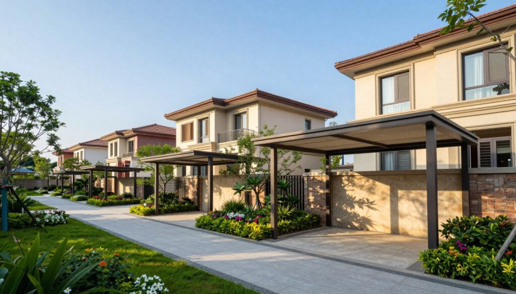 A beautifully designed landscape featuring customized shade structures in a residential area. In the foreground, showcase elegantly installed canopies that provide shaded walkways between villa units, with lush greenery and flowers adorning the edges. The middle ground includes several modern villas, each with unique architecture and colors, all harmoniously set against a backdrop of a clear blue sky. Utilize soft, diffused sunlight to create a warm and inviting atmosphere. The angle should be slightly elevated, capturing the entire setup. Aim for a vibrant yet serene feel, reflecting a sense of safety and relaxation within the community. No human figures should be present.