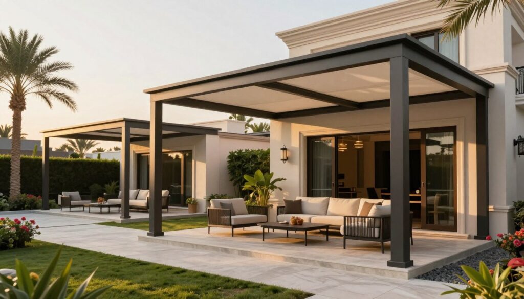A beautifully designed landscape showcasing a luxurious Saudi villa with sleek, modern Leksan shade structures. In the foreground, feature a well-maintained patio area adorned with elegant outdoor furniture, creating an inviting ambiance. The middle ground showcases the custom shade structures, revealing their exceptional light permeability while retaining a high level of privacy. The structures should be depicted as seamlessly integrated into the villa's architecture, with soft sunlight filtering through the materials. In the background, illustrate a serene garden with palm trees and flowering plants, all bathed in warm, golden light suggesting a late afternoon setting. The overall mood should convey comfort, style, and sophistication, highlighting the perfect balance between functionality and aesthetic appeal of these shade installations.