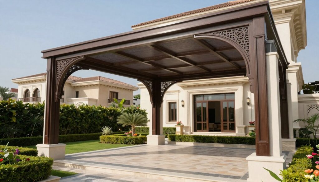 A beautifully designed laser arc shade structure installed over a luxurious villa in the upscale Al-Jawhara neighborhood of Dammam. The foreground showcases the intricate design of the shade, highlighting its elegant curves and modern materials. In the middle ground, a well-maintained garden surrounds the villa, complete with neatly trimmed hedges and vibrant flowers, under a clear blue sky. The background features tastefully arranged architecture typical of high-end housing in the area. The scene is illuminated by soft, natural sunlight, casting gentle shadows that enhance the textures of the shade and surrounding elements. The overall mood is one of sophistication and tranquility, reflecting the premium quality of custom shade solutions for Saudi homes.