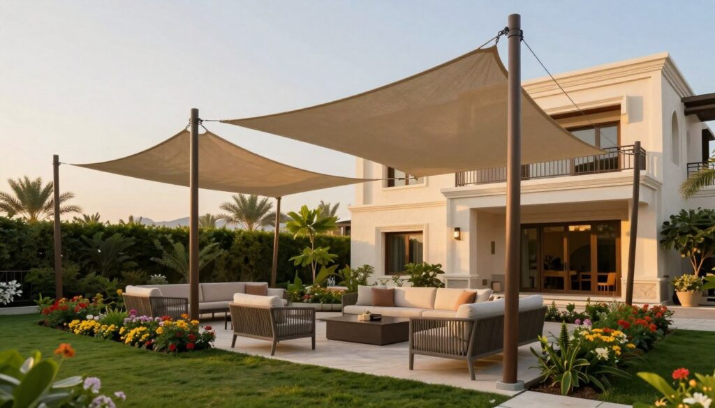 A beautifully designed outdoor garden space in a luxurious Saudi villa, showcasing expertly installed custom shade structures. In the foreground, elegant shade sails made of durable, high-quality fabric create a serene atmosphere for relaxation, perfectly tailored to the unique architecture of the villa. In the middle, a tastefully arranged seating area with comfortable, stylish furniture complements the shades, surrounded by lush greenery and colorful flowers. In the background, the architectural features of the villa are visible, cast in warm golden lighting as the sun begins to set. The composition conveys a sense of tranquility and sophistication, inviting guests to enjoy the outdoor space. Use a soft focus on the background with a sharp focus on the shade structures and seating area. Capture a vibrant, inviting mood that reflects successful outdoor design solutions.