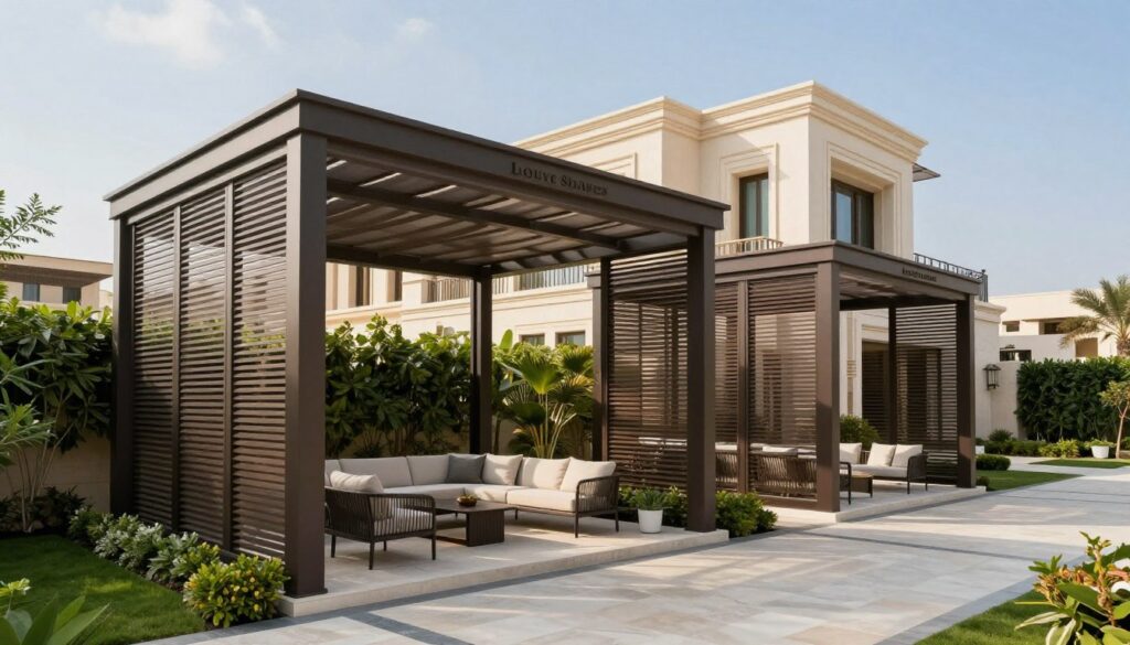 A beautifully designed outdoor setting featuring expertly installed "Louvre Shades" across a luxury villa in Dammam, Saudi Arabia. In the foreground, showcase the intricate details of the louvered shade structures that provide both ventilation and privacy. The middle ground includes lush greenery and a stylish patio area, with elegant outdoor furniture arranged for relaxation. In the background, the villa itself, a modern architectural masterpiece, stands under a bright blue sky with soft, diffused sunlight illuminating the scene. Capture the atmosphere of tranquility and sophistication, emphasizing the harmony between architecture and nature. Use a wide-angle lens to enhance depth and perspective, ensuring a polished and professional look.