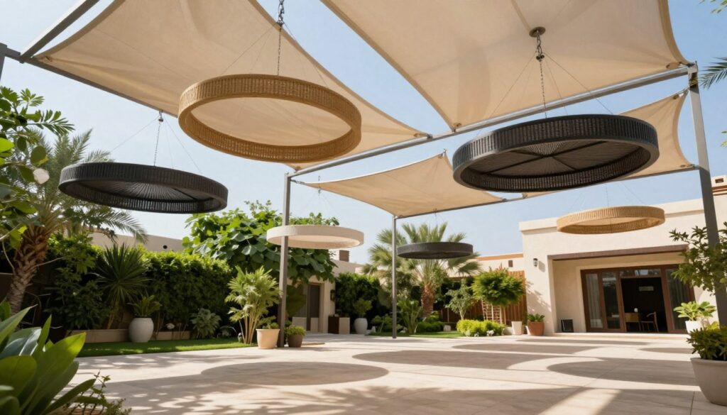 A beautifully designed outdoor setting showcasing various suspended shade structures. The foreground features stylish, modern canopy designs in elegant shapes and materials, tailored for Saudi villas and houses. In the middle ground, lush greenery complements the shade structures, enhancing the inviting atmosphere. The background features a clear blue sky with soft sunlight filtering through the canopies, casting playful shadows on the ground. A calm, serene ambiance prevails, suggesting comfort and relaxation. All elements are arranged to highlight the artistic and functional aspects of the hanging shades, emphasizing their ability to add aesthetic value to outdoor spaces. The composition captures the essence of contemporary outdoor living, showcasing professional installation craftsmanship.