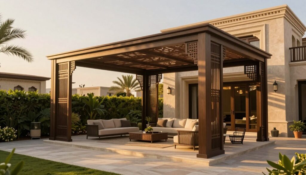 A beautifully designed outdoor space featuring custom Louvre shading structures installed at a luxurious Saudi villa. In the foreground, showcase the elegant and functional Louvre panels, casting intricate patterns of light and shadow on the patio below. The middle ground displays a serene seating area adorned with comfortable furniture, surrounded by lush greenery. In the background, a stunning villa with traditional Saudi architecture complements the modern shade structures. The lighting is warm and inviting, capturing the golden hour before sunset, creating a tranquil and sophisticated atmosphere. This image embodies the benefits of Louvre shades, highlighting their role in enhancing ventilation and privacy in a stylish manner. The scene is free of any people, allowing the focus to remain on the architectural features and the harmony of the design.