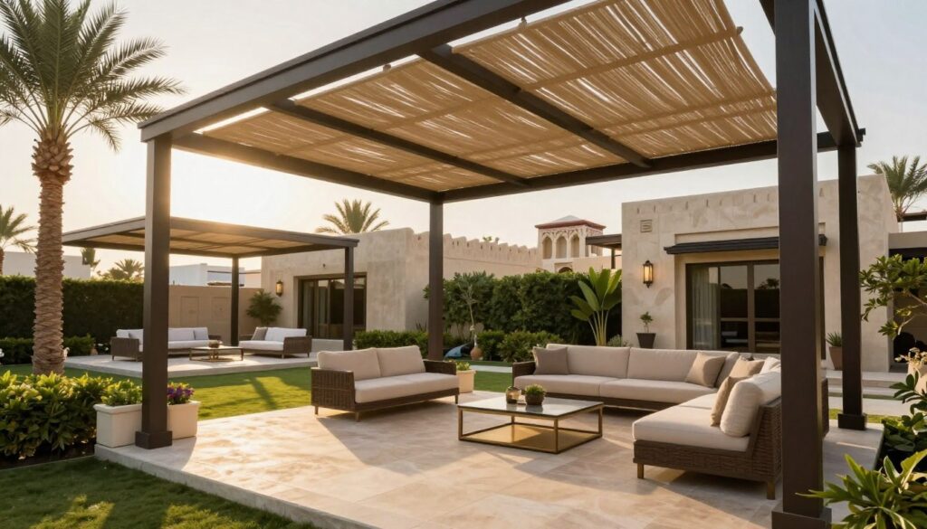 A beautifully designed outdoor space featuring custom shade structures specifically designed for Saudi villas and houses. In the foreground, showcase a expertly crafted shade canopy providing privacy while allowing soft light to filter through, creating a serene atmosphere. In the middle ground, include a well-manicured garden with palm trees and elegant seating areas, inviting relaxation. In the background, depict traditional Saudi architectural elements blending harmoniously with modern design. The lighting should be warm and inviting, simulating a late afternoon sun casting soft shadows, enhancing the tranquility of the scene. Focus on conveying a sense of luxury and comfort, ideal for a sophisticated residential setting. The overall mood should evoke peace and refinement, suitable for a high-end outdoor living experience.