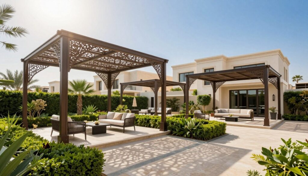 A beautifully designed outdoor space featuring custom shade structures, specifically tailored for luxury villas in the Al Rayan and Al Nakheel districts. In the foreground, showcase a variety of elegant, artistic metal shading solutions, intricately crafted with unique patterns. The middle ground includes well-manicured gardens with lush greenery and stylish outdoor furniture, creating a serene atmosphere for relaxation and gatherings. The background displays modern villa architecture typical of the eastern region of Saudi Arabia, under a bright blue sky, with soft sunlight filtering through the shade structures. Aim for a professional and inviting mood, capturing the essence of sophisticated outdoor living. Use a wide-angle lens to encompass the entire scene, ensuring clarity and vibrancy in colors. No text or logos.