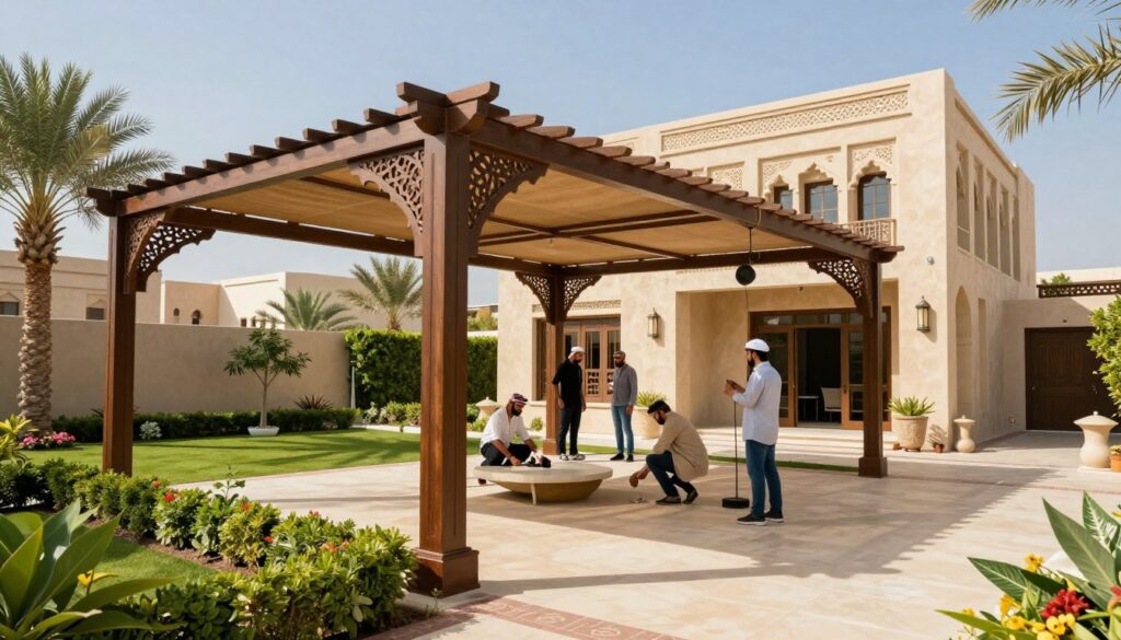 A beautifully designed outdoor space showcasing innovative custom shade structures for Saudi villas. In the foreground, intricately crafted pergolas and canopies provide shade over a well-manicured garden, adorned with native Arabian plants like palm trees and flowering shrubs. The middle ground features skilled professionals, dressed in smart casual attire, expertly installing these shade structures, emphasizing a sense of craftsmanship and teamwork. The background captures a modern villa with traditional Arabian architectural elements under the bright blue sky, casting intricate shadows on the ground. The lighting is warm and inviting, highlighting the textures and colors of the materials used in the shading solutions. The atmosphere conveys a blend of innovation and tradition, perfect for enhancing outdoor living spaces.