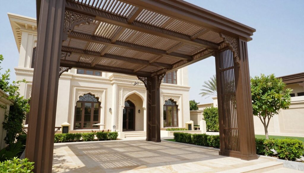 A beautifully designed view of a modern "لوفر" shade structure installed on a luxurious Saudi villa. In the foreground, showcase the intricately arranged slatted panels of the shade, casting elegant geometric shadows on the patio. The middle ground features the elegant villa's facade with traditional architectural elements, complementing the shade design. Lush greenery and decorative landscaping surround the area, providing a serene ambiance. In the background, a clear blue sky enhances the overall brightness of the scene. Use soft, natural lighting to highlight the textures of the shade structure and the villa. Capture this from a slightly angled perspective that showcases the depth and dimensions of the installation, evoking a warm and inviting atmosphere.