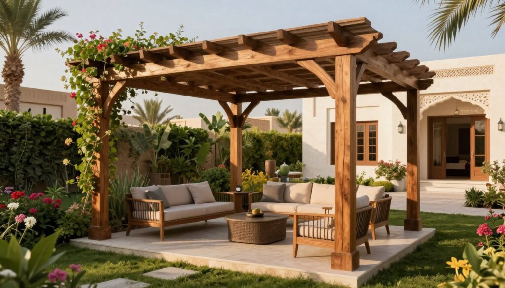 A beautifully designed wooden pergola set in a tranquil garden of a traditional Saudi villa. In the foreground, the pergola is framed by lush greenery and vibrant flowers, showcasing the natural wood texture and elegant craftsmanship. In the middle ground, a cozy seating area features stylish outdoor furniture placed beneath the pergola, inviting relaxation in shaded comfort. The background reveals a picturesque view of the villa, blending contemporary and traditional architectural elements. The scene is bathed in warm, golden sunlight, casting gentle shadows and creating a serene atmosphere. Capture this image from a slightly elevated angle, emphasizing the integration of the pergola within the landscape, evoking feelings of warmth and harmony.