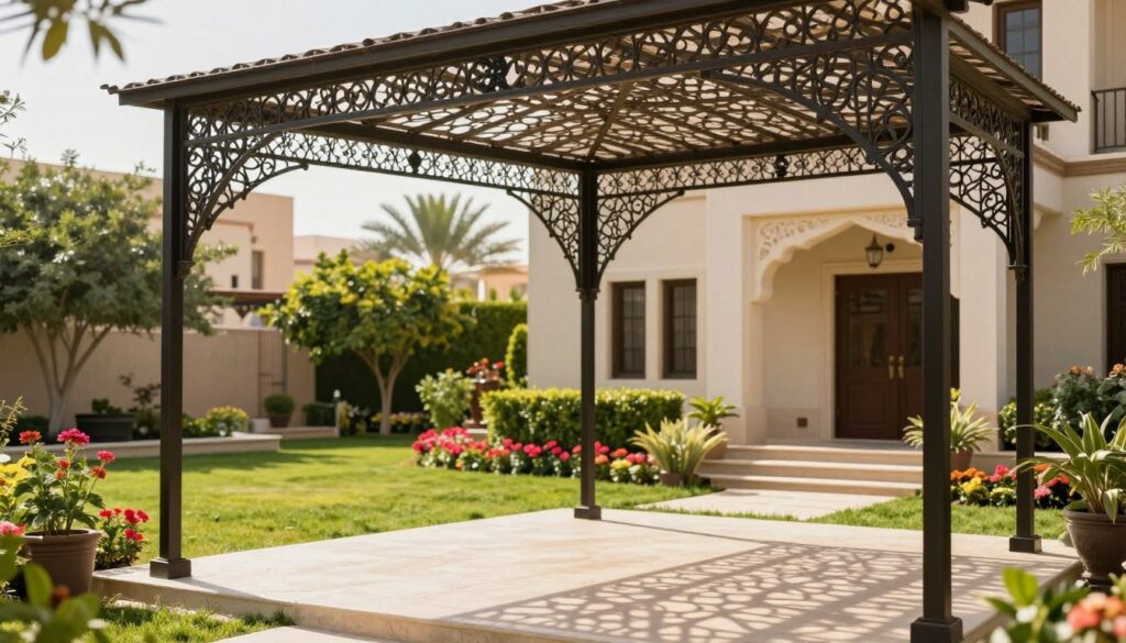 A beautifully designed wrought iron canopy elegantly shading a lush garden in Al Rawda neighborhood, showcasing the intricate details of the metalwork. In the foreground, the canopy features ornate patterns and decorative elements, casting intricate shadows on the ground below. The middle ground displays vibrant flowering plants and a well-maintained lawn, creating a serene outdoor space. The background features the façade of a stylish Saudi villa, blending modern architecture with traditional elements. Soft, warm sunlight filters through the canopy, enhancing the inviting atmosphere. The mood is one of tranquility and luxury, highlighting the sophistication and durability of iron shade structures seamlessly integrated into the garden design. The image captures an ideal outdoor oasis for any home. A beautifully designed wrought iron canopy elegantly shading a lush garden in Al Rawda neighborhood, showcasing the intricate details of the metalwork. In the foreground, the canopy features ornate patterns and decorative elements, casting intricate shadows on the ground below. The middle ground displays vibrant flowering plants and a well-maintained lawn, creating a serene outdoor space. The background features the façade of a stylish Saudi villa, blending modern architecture with traditional elements. Soft, warm sunlight filters through the canopy, enhancing the inviting atmosphere. The mood is one of tranquility and luxury, highlighting the sophistication and durability of iron shade structures seamlessly integrated into the garden design. The image captures an ideal outdoor oasis for any home.