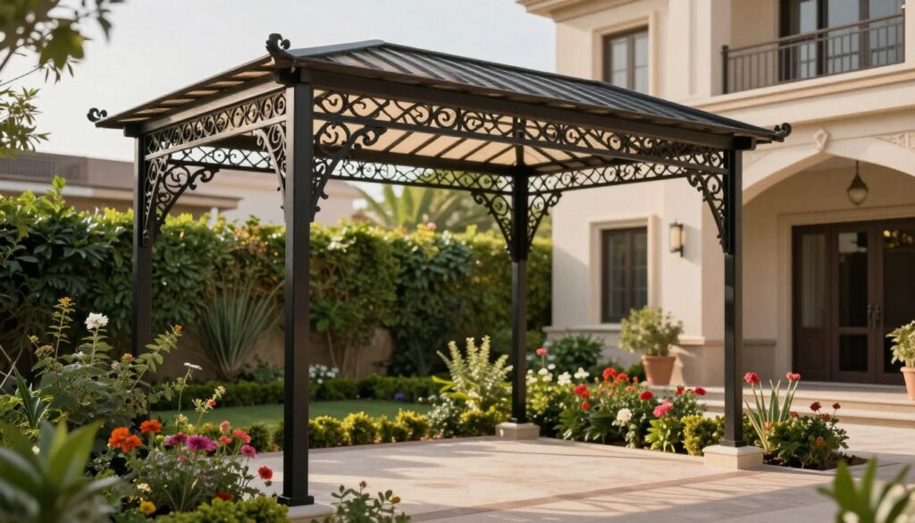A beautifully designed wrought iron canopy is elegantly positioned over a lush garden setting, showcasing its intricate patterns and robust structure. In the foreground, the canopy's ornate details are highlighted, revealing craftsmanship that blends beauty with durability. The middle ground features vibrant greenery and colorful flowers thriving in the shaded area beneath the canopy, creating a serene ambiance. In the background, a modern Saudi villa is visible, enhancing the luxurious feel of the scene. Soft, warm lighting filters through the canopy, casting gentle shadows that evoke a peaceful atmosphere. Capture this scene from a slightly elevated angle to emphasize the grandeur of the installation, ensuring the image conveys both elegance and strength in shading for gardens. A beautifully designed wrought iron canopy is elegantly positioned over a lush garden setting, showcasing its intricate patterns and robust structure. In the foreground, the canopy's ornate details are highlighted, revealing craftsmanship that blends beauty with durability. The middle ground features vibrant greenery and colorful flowers thriving in the shaded area beneath the canopy, creating a serene ambiance. In the background, a modern Saudi villa is visible, enhancing the luxurious feel of the scene. Soft, warm lighting filters through the canopy, casting gentle shadows that evoke a peaceful atmosphere. Capture this scene from a slightly elevated angle to emphasize the grandeur of the installation, ensuring the image conveys both elegance and strength in shading for gardens.