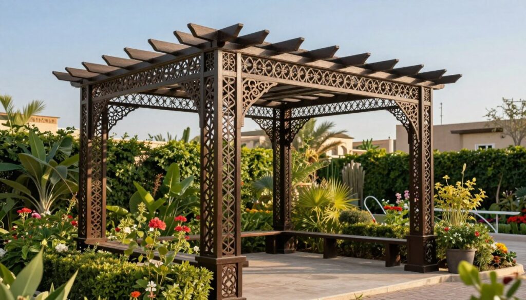 A beautifully designed wrought iron pergola, intricately detailed, sits prominently in a lush garden typical of the Al Rawda neighborhood in Saudi Arabia. The foreground showcases the ornate patterns of the ironwork, highlighting the craftsmanship and attention to detail. In the middle ground, vibrant garden plants and flowers surround the structure, creating a harmonious blend of nature and artistry. The background features a clear blue sky illuminated by warm sunlight, casting gentle shadows that enhance the metallic sheen of the iron. A versatile angle captures both the elegance of the pergola and the surrounding greenery, conveying a sense of tranquility and sophistication. The overall mood is inviting and professional, reflecting quality and style in outdoor shade solutions. A beautifully designed wrought iron pergola, intricately detailed, sits prominently in a lush garden typical of the Al Rawda neighborhood in Saudi Arabia. The foreground showcases the ornate patterns of the ironwork, highlighting the craftsmanship and attention to detail. In the middle ground, vibrant garden plants and flowers surround the structure, creating a harmonious blend of nature and artistry. The background features a clear blue sky illuminated by warm sunlight, casting gentle shadows that enhance the metallic sheen of the iron. A versatile angle captures both the elegance of the pergola and the surrounding greenery, conveying a sense of tranquility and sophistication. The overall mood is inviting and professional, reflecting quality and style in outdoor shade solutions.