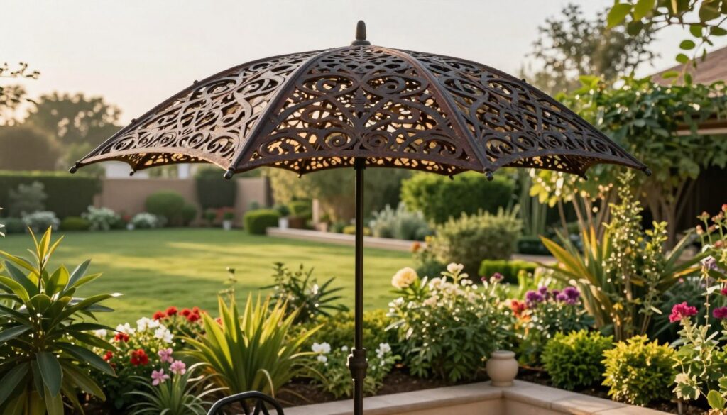A beautifully designed wrought iron umbrella stands in a lush garden setting, showcasing intricate patterns and craftsmanship. In the foreground, the umbrella features elegant curling designs and a rich, dark finish, filtering soft sunlight. The middle ground reveals a vibrant garden filled with flowering plants and lush greenery, enhancing the appeal of the shade structure. In the background, a serene view of a well-kept lawn and distant trees adds depth. The scene is bathed in warm, golden hour lighting, creating a tranquil and inviting atmosphere. The composition captures the perfect balance of artistry and functionality, ideal for enhancing outdoor spaces in Saudi homes. The angle is slightly elevated to highlight the structure's details and its harmonious integration into the garden. A beautifully designed wrought iron umbrella stands in a lush garden setting, showcasing intricate patterns and craftsmanship. In the foreground, the umbrella features elegant curling designs and a rich, dark finish, filtering soft sunlight. The middle ground reveals a vibrant garden filled with flowering plants and lush greenery, enhancing the appeal of the shade structure. In the background, a serene view of a well-kept lawn and distant trees adds depth. The scene is bathed in warm, golden hour lighting, creating a tranquil and inviting atmosphere. The composition captures the perfect balance of artistry and functionality, ideal for enhancing outdoor spaces in Saudi homes. The angle is slightly elevated to highlight the structure's details and its harmonious integration into the garden.