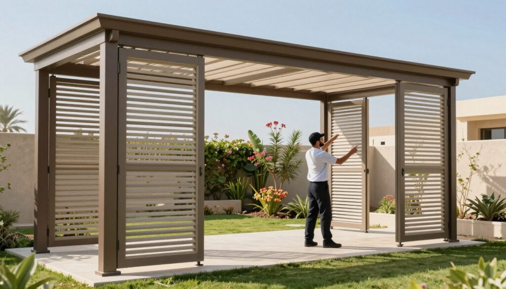 A beautifully installed custom shade structure for a modern Saudi villa, showcasing sleek and elegant "slat" shutters. The foreground features the carefully crafted slats in shades of beige and brown, designed for both ventilation and full privacy. In the middle, a professional installer in smart business attire is adjusting the angle of the slats to optimize light filtering. The background displays a serene garden with blooming desert plants and a clear blue sky, creating a peaceful atmosphere. Soft, natural sunlight filters through the slats, casting gentle shadows on the vibrant green grass below. The scene captures a harmonious blend of aesthetics and functionality, emphasizing the ideal privacy and ventilation solution. The image should evoke a sense of tranquility and modernity.