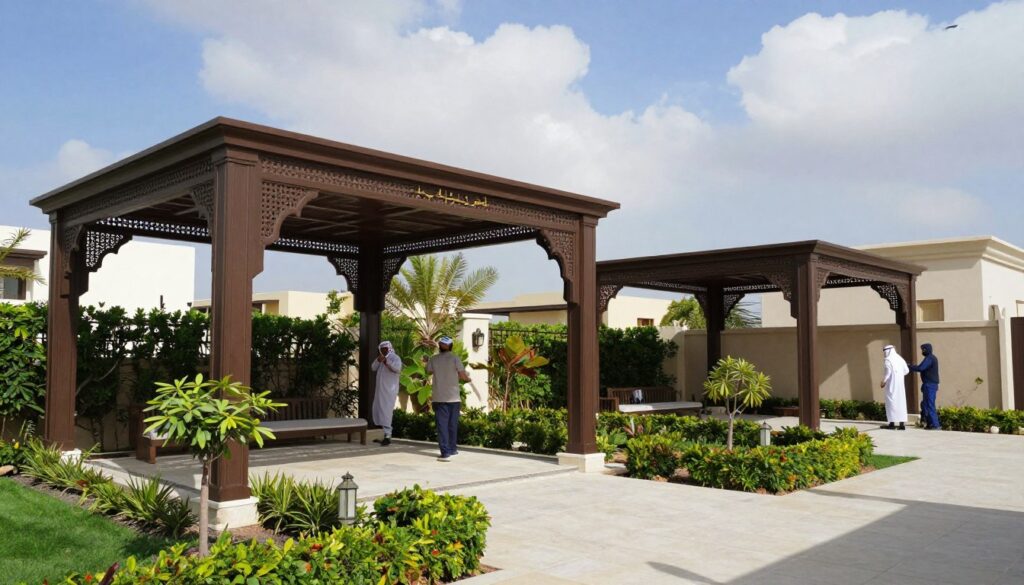 A beautifully landscaped area showcasing custom shade structures known as "مناطق خدمة سواتر لوفر" in a modern Saudi villa setting. In the foreground, elegant shade structures crafted from high-quality materials provide a blend of privacy and ventilation, with intricate designs reminiscent of Middle Eastern architecture. In the middle ground, a well-manicured garden with local flora enhances the atmosphere of tranquility, while professional installation workers, dressed in modest casual clothing, carefully adjust the shade structures. The background features a bright blue sky with scattered white clouds, casting natural light that creates soft shadows across the scene. The overall mood is serene and sophisticated, emphasizing the perfect balance of functionality and style in home design.