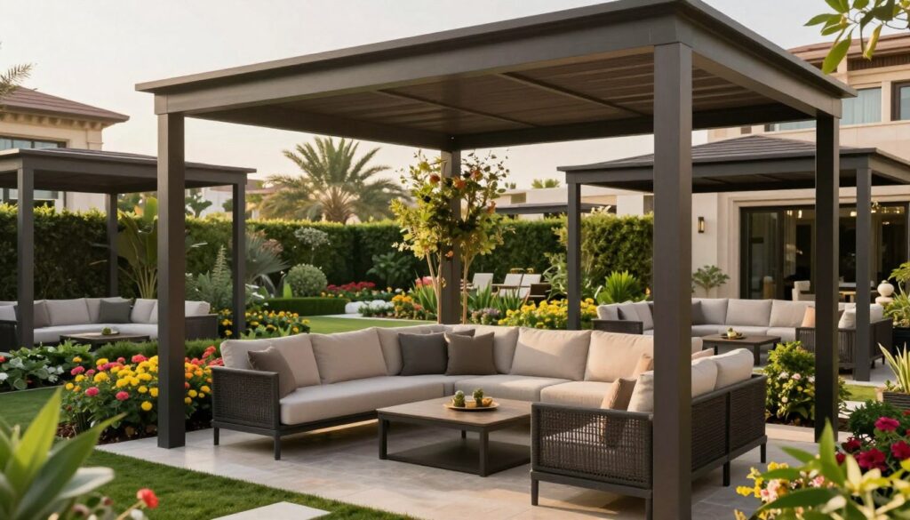 A beautifully landscaped garden featuring elegant shade structures specifically designed for luxury villas in the Eastern Province of Saudi Arabia. In the foreground, a meticulously arranged seating area with high-quality outdoor furniture beneath a modern, stylish shade canopy. The middle ground shows a lush garden filled with vibrant flowers and greenery, creating a serene atmosphere. In the background, hints of upscale villa architecture are subtly visible. The scene is bathed in warm, soft sunlight, enhancing the inviting and sophisticated mood. Capture this from a slightly elevated angle to showcase both the architectural details of the shade structures and the beauty of the garden surroundings. Emphasize the tranquility and luxury of outdoor living spaces.