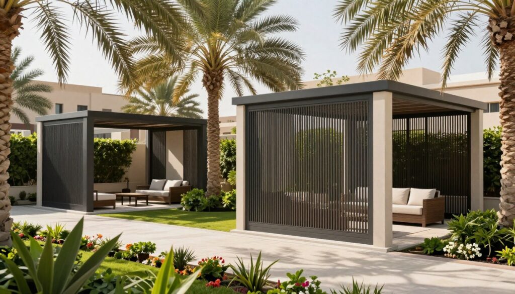 A beautifully landscaped outdoor space in a Saudi villa showcasing custom shade structures, the focal point is the elegant and modern privacy screens crafted from sleek materials. In the foreground, lush greenery and well-maintained flower beds enhance the tranquility of the scene. The middle ground features two contemporary shade structures in harmonious colors with clean lines, creating a striking visual contrast against the surrounding environment. In the background, soft sunlight filters through the leaves of palm trees, casting dappled shadows that emphasize depth. The overall mood is serene and sophisticated, suggesting an oasis of privacy and beauty. The scene is captured with a wide-angle lens to highlight the integration of the structures within the landscape, ensuring a bright and inviting atmosphere.