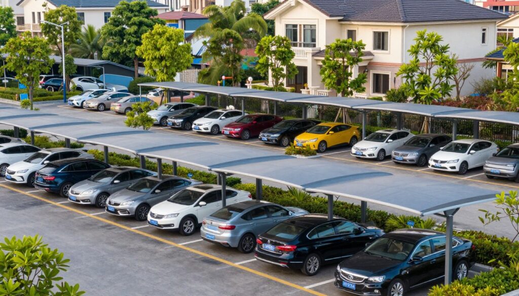 A bustling parking area featuring modern car shade structures designed for efficiency and cost-effectiveness. In the foreground, sleek, custom shade canopies shielding parked vehicles, showcasing a stylish blend of functionality and aesthetics. The middle ground highlights a diverse range of cars, all under the protective shelter of the vibrant shades, with greenery adding freshness to the scene. The background contains a well-maintained urban environment, complete with an attractive villa, illustrating the integration of these structures in residential areas. Soft, natural lighting creates an inviting atmosphere, while a wide-angle view captures the spaciousness of the parking lot. The overall mood conveys innovation and practicality, emphasizing economic solutions for community parking needs in a suburban setting.