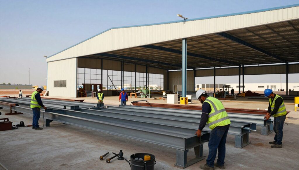 A busy manufacturing facility in Jubail, Saudi Arabia, showcasing the intricate process of metal fabrication for industrial and commercial hangars. In the foreground, a professional team in safety gear is actively assembling large steel frames, with tools and materials scattered around them. The middle section displays a partially constructed hangar with vivid details like beams, roofing materials, and machinery, bathed in natural light streaming through high windows, emphasizing the activity. In the background, a clear blue sky contrasts against the industrial landscape, hinting at a bustling construction site. The atmosphere is industrious and focused, highlighting expertise in manufacturing and installation, perfectly capturing the essence of customized solutions in construction.